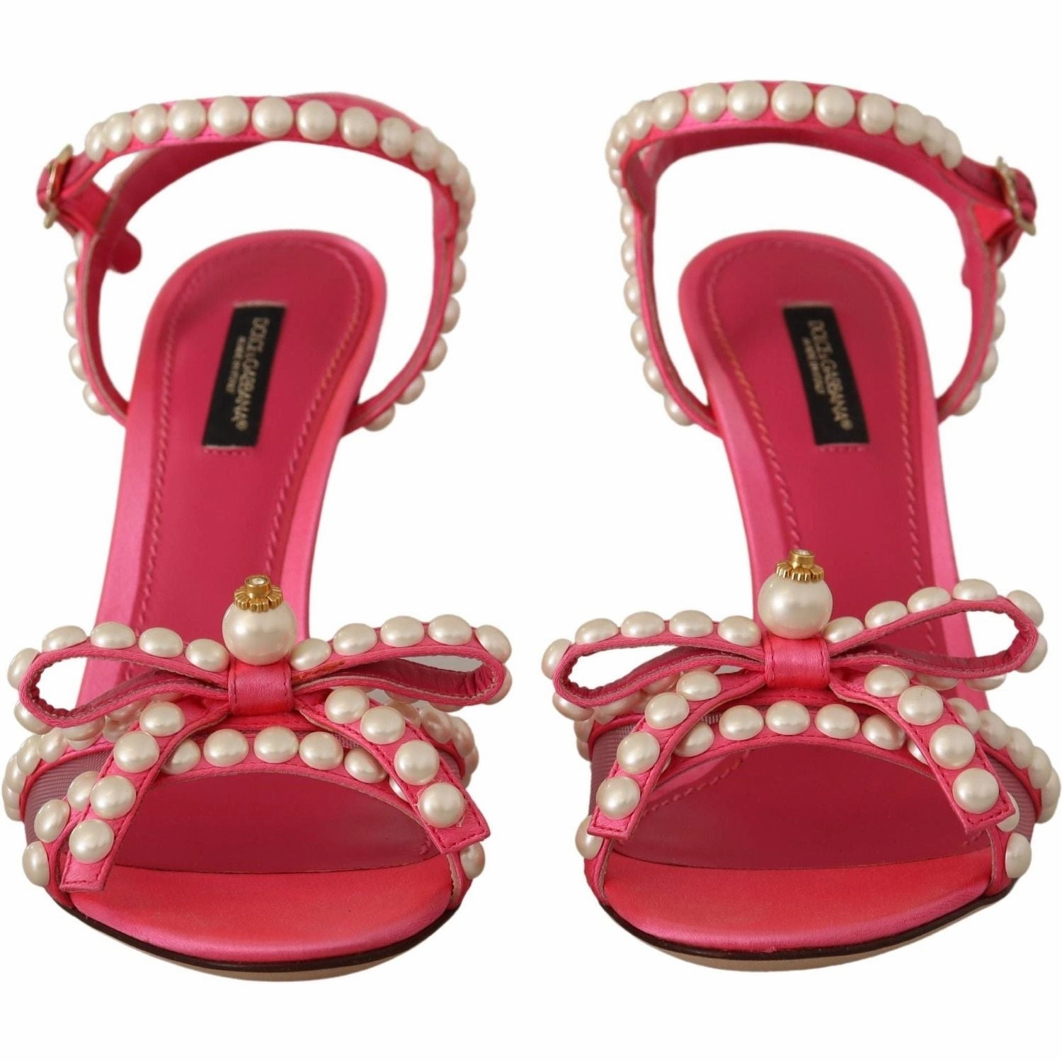 Heeled Sandals Slip On Dolce & Gabbana Pink Satin White Pearl Crystals Heels Shoes