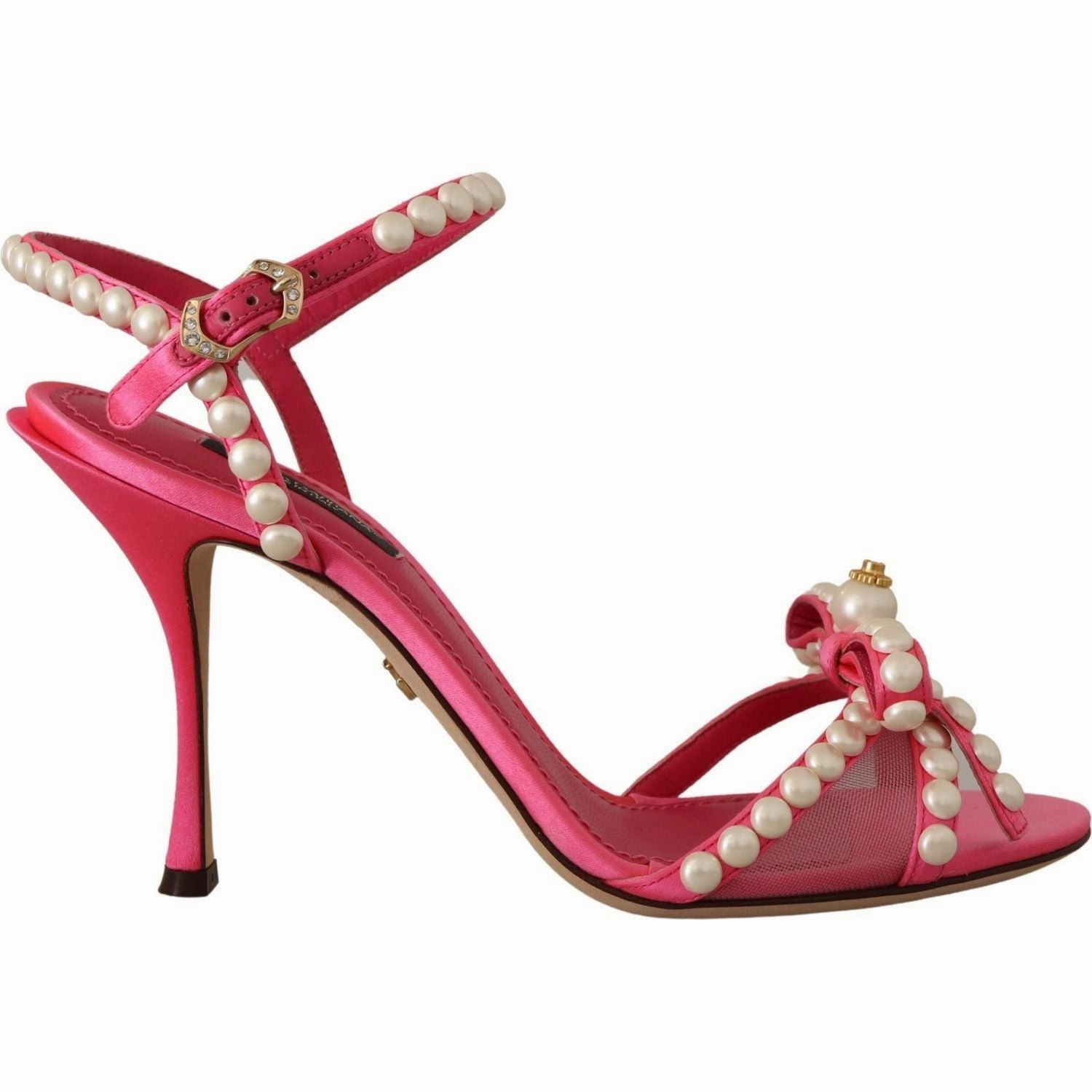 Sandals Curacao Map Dolce & Gabbana Pink Satin White Pearl Crystals Heels Shoes