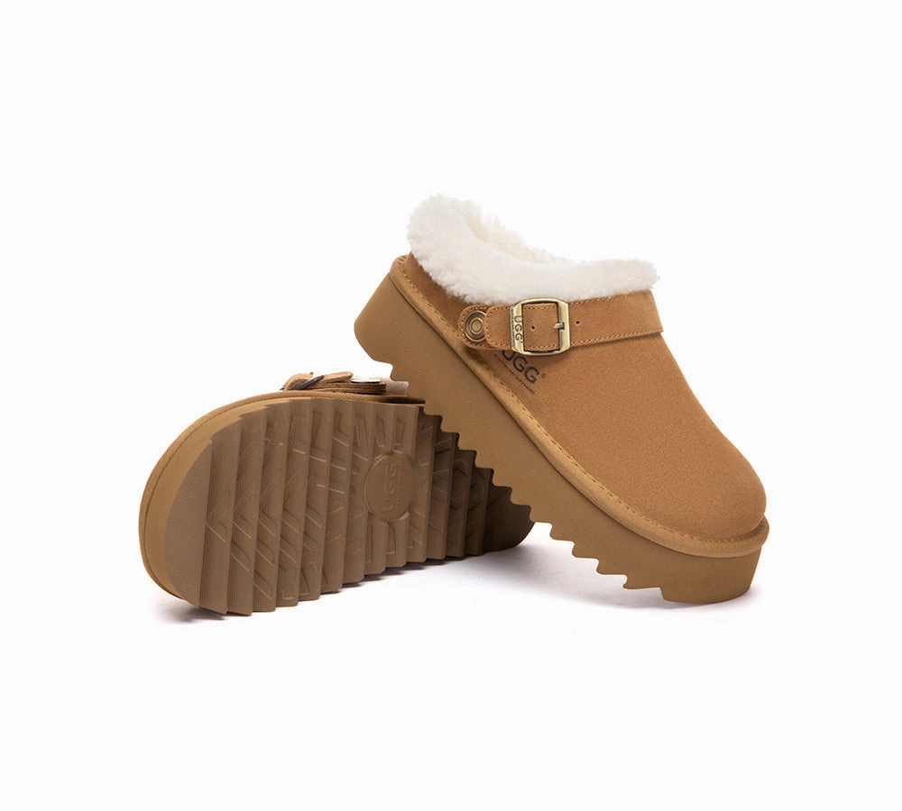 AUSTRALIAN SHEPHERD UGG Slippers Sheepskin Wool Adjustable Strap Platform Pulsey Slippers In Wide Width