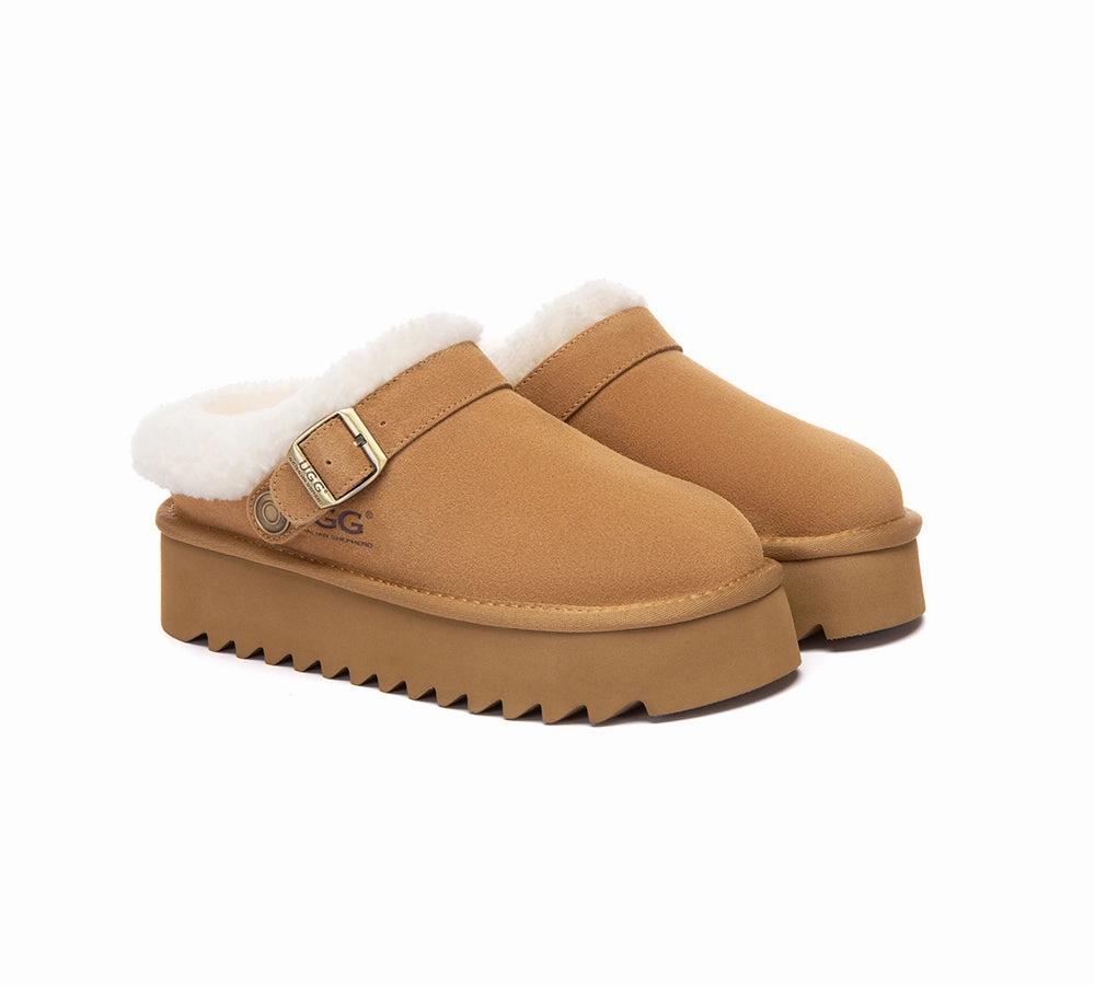 AUSTRALIAN SHEPHERD UGG Slippers Sheepskin Wool Adjustable Strap Platform Pulsey Rubber Sole Ballerina Slippers