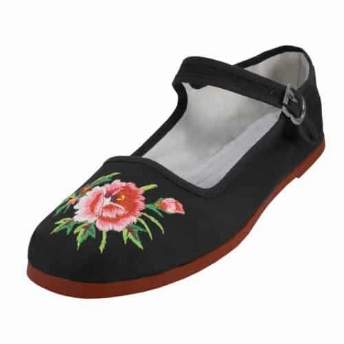 Embroidered Flower Black Cotton Mary Jane Shoes Flat Block Heel Shoes