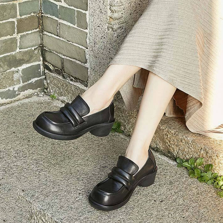 Retro Casual Versatile Chunky Heel Women's Leather Loafers Prom Loafers