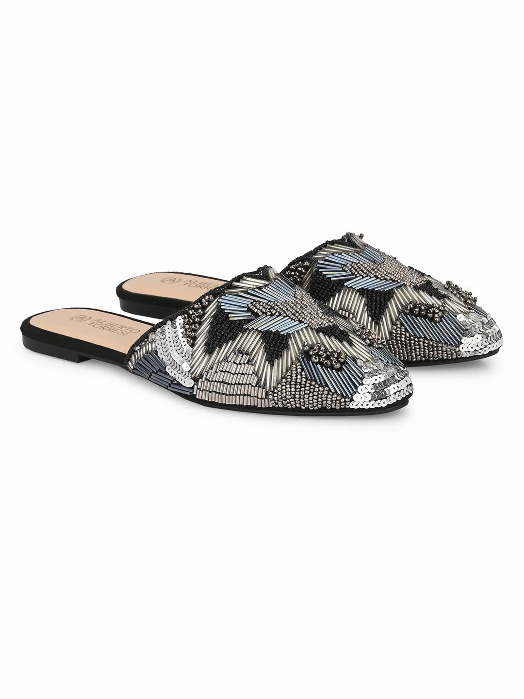 Alberto Torresi Synthetic Black Flat Mule Sandals for women Rhinestone Flat Shoes