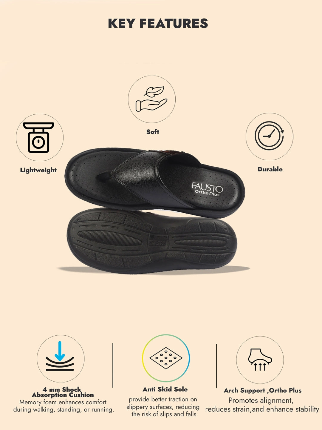 FAUSTO Men Black Open Toe Flip-Flop Slippers With Memory Cushion|Outdoor Slipper For Men Hello Kitty Fluffy Slippers