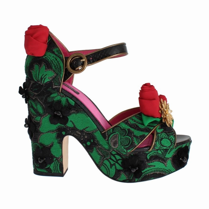 Doc Marten Voss Sandals Dolce & Gabbana Green Brocade Snakeskin Roses Crystal Shoes