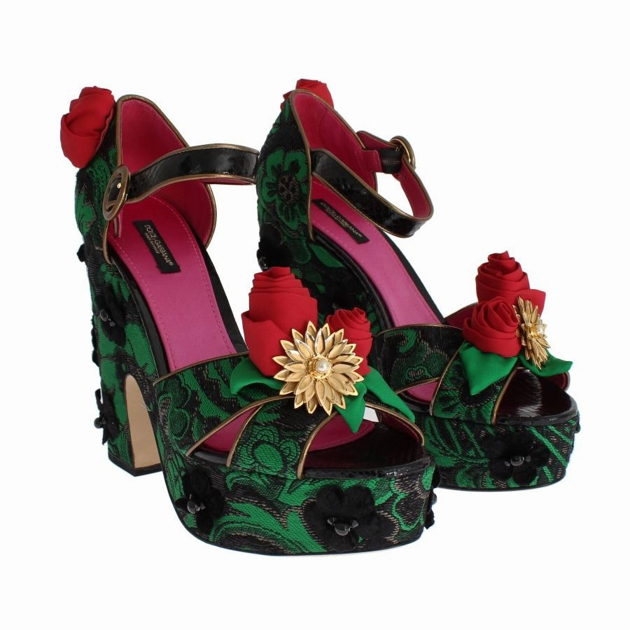 Bear Trap Sandals Dolce & Gabbana Green Brocade Snakeskin Roses Crystal Shoes