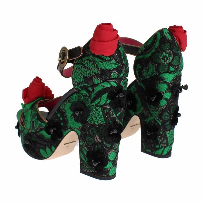 Dolce & Gabbana Green Brocade Snakeskin Roses Crystal Shoes Buckle Strap Sandals