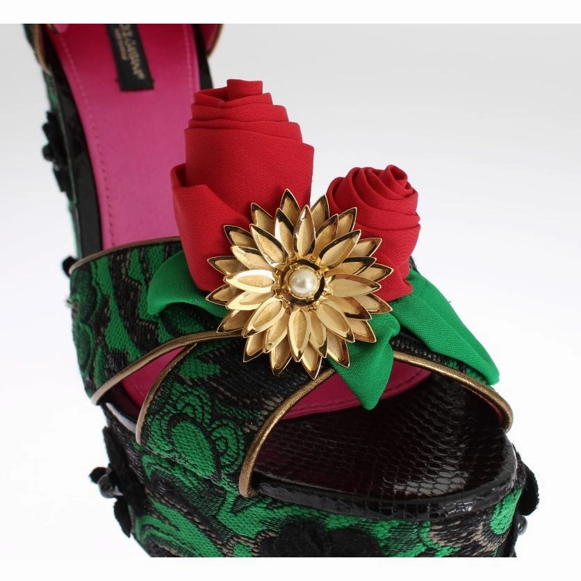 Palladium Sandals Dolce & Gabbana Green Brocade Snakeskin Roses Crystal Shoes