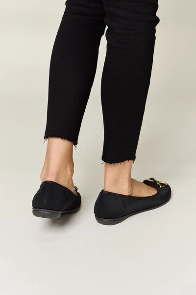 Forever Link Metal Buckle Flat Loafers in Charcoal Lycra Anne Klein Loafers