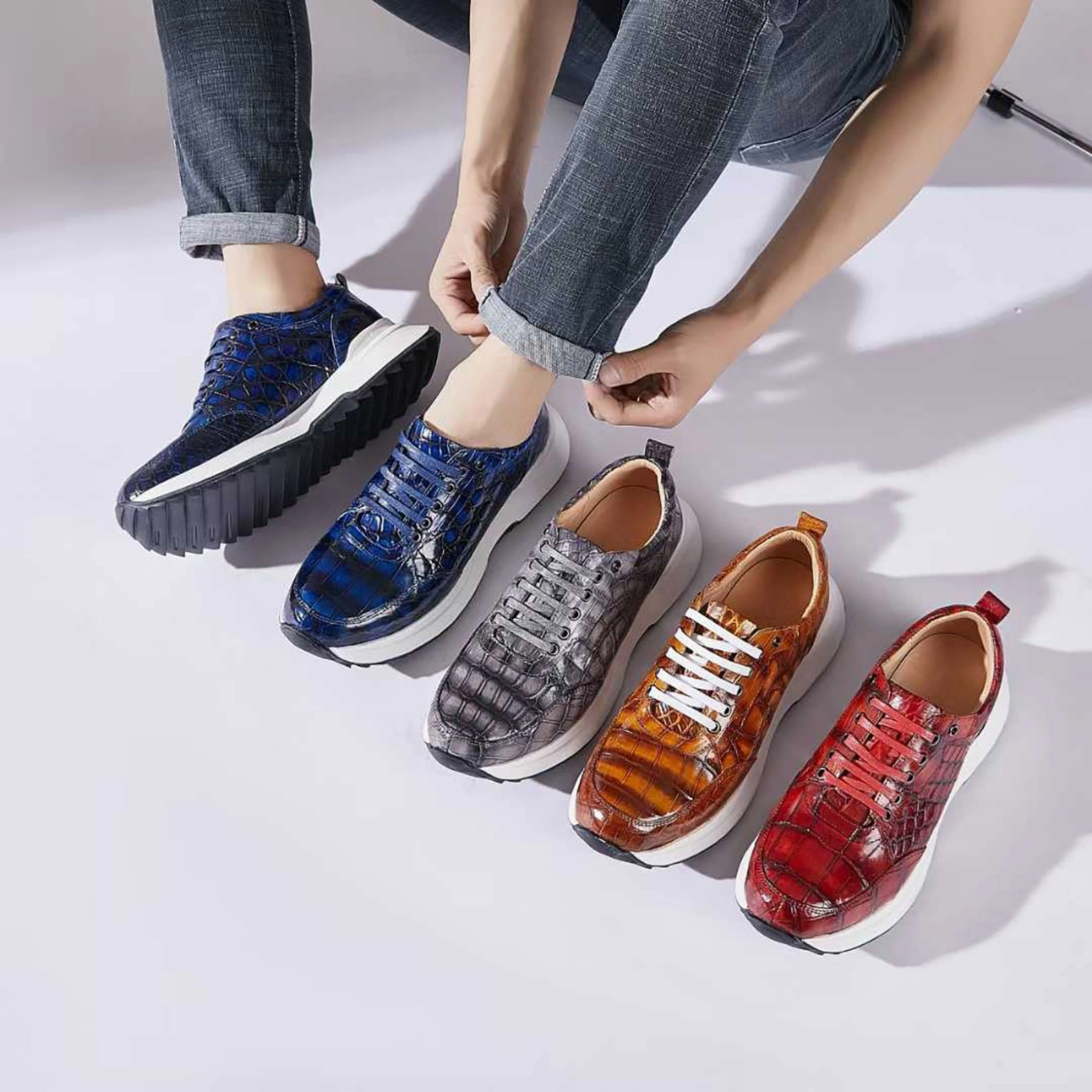 Uno Sneakers Genuine Alligator Sneakers for Men  Handcrafted Blue Patina with Sport Sole and Distinctive Exotic Texture