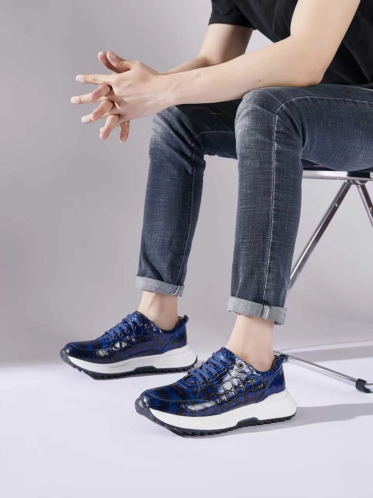 Genuine Alligator Sneakers for Men  Handcrafted Blue Patina with Sport Sole and Distinctive Exotic Texture New Basketball Sneakers