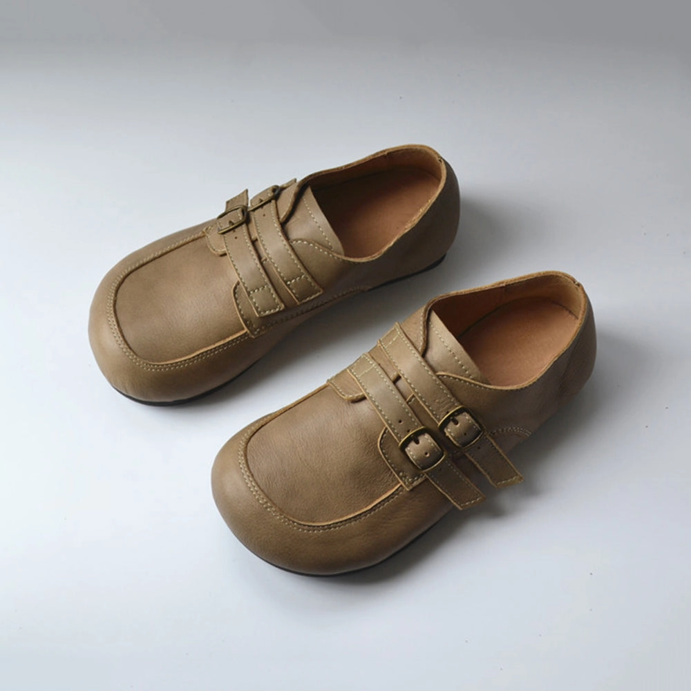 Recommended Walking Shoes For Flat Feet Genuine Leather British Style Buckle Design Wide Toe Flat Shoes