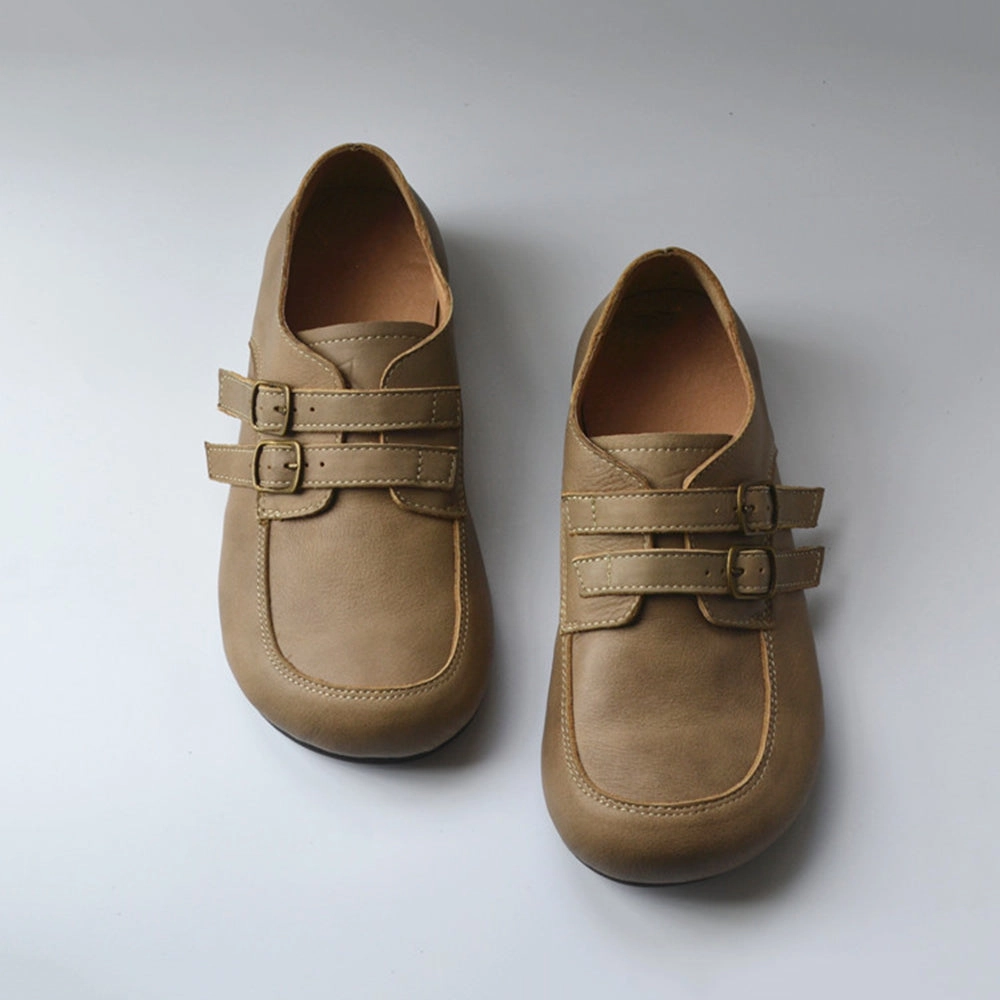 Genuine Leather British Style Buckle Design Wide Toe Flat Shoes Shoes For Homecoming Flats