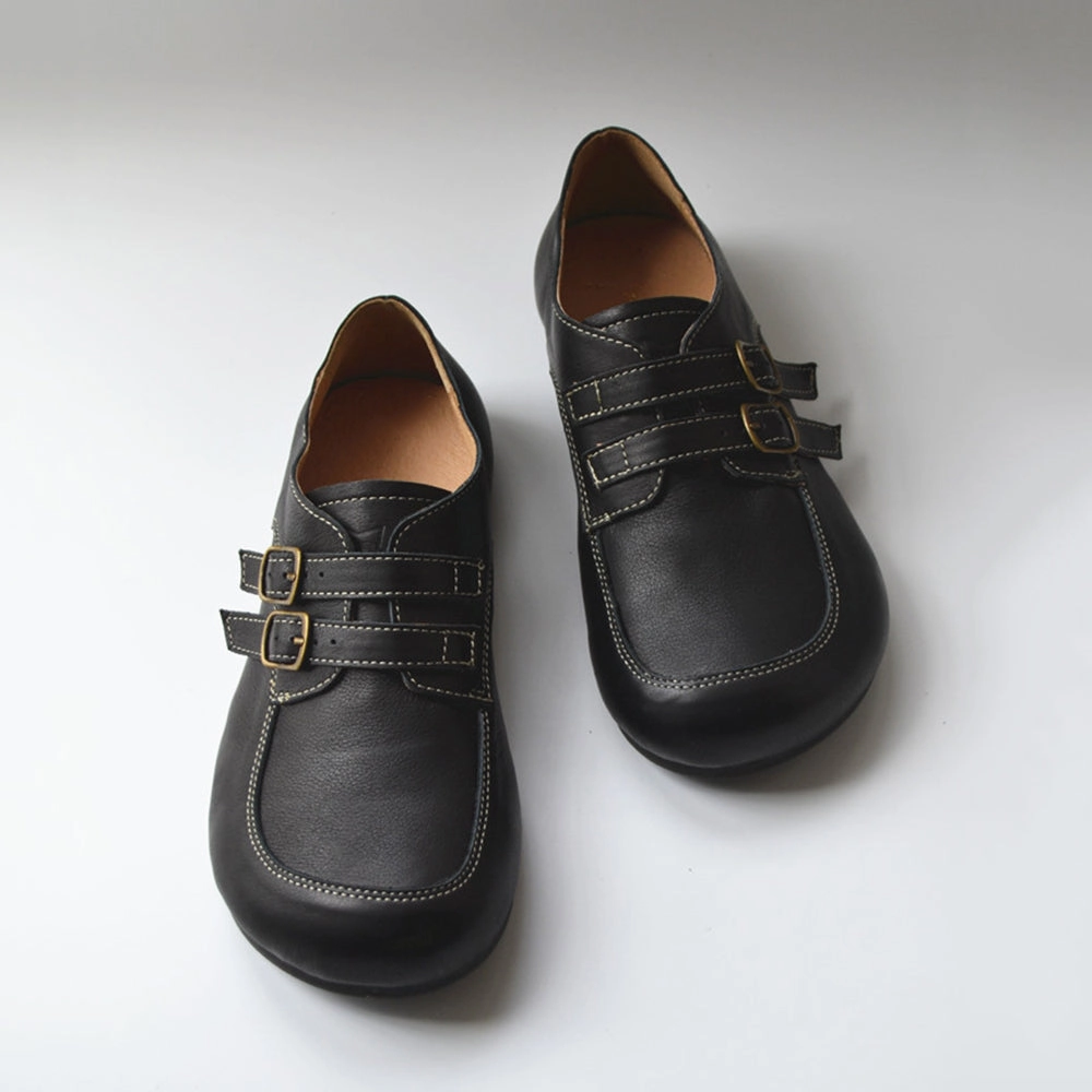 Genuine Leather British Style Buckle Design Wide Toe Flat Shoes Good Running Shoes For Flat Feet