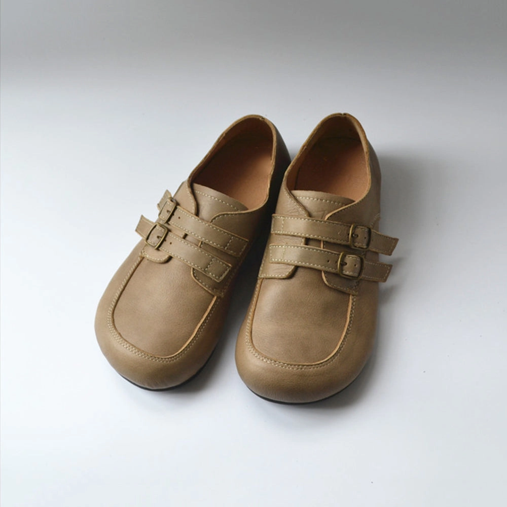 Flat Shoes To Wear With Wide Leg Pants Genuine Leather British Style Buckle Design Wide Toe Flat Shoes