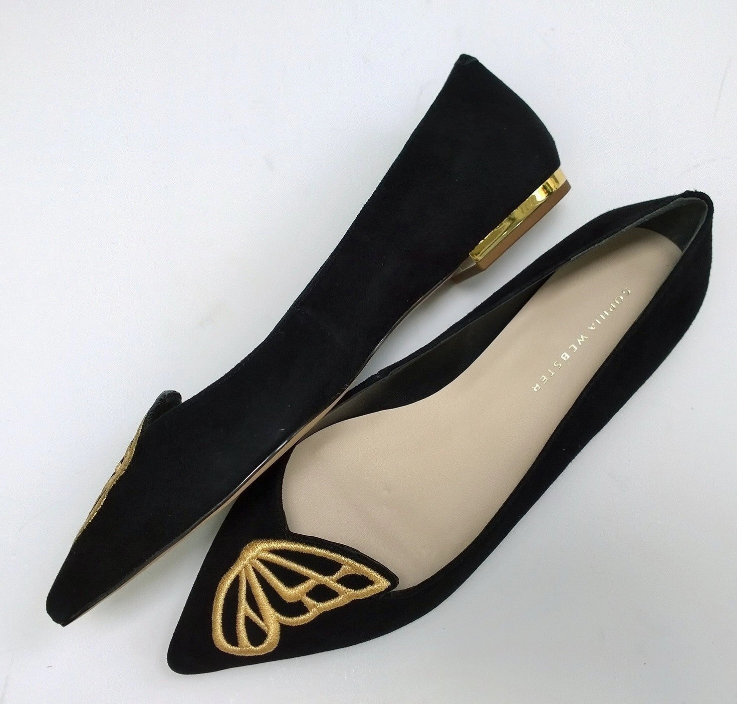Clear Shoes Flat Sophia Webster Bibi Butterfly Black Suede with Yellow Gold Embroidery Pointy Flats Shoes