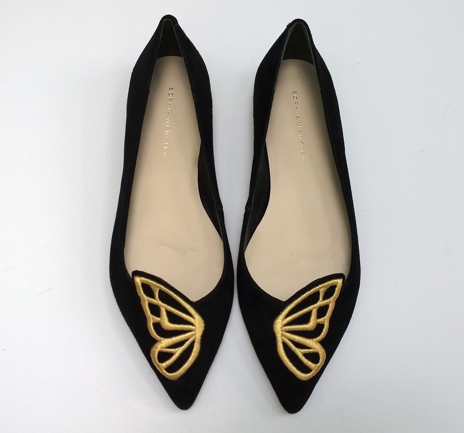 Flat Shoes With Chain Sophia Webster Bibi Butterfly Black Suede with Yellow Gold Embroidery Pointy Flats Shoes