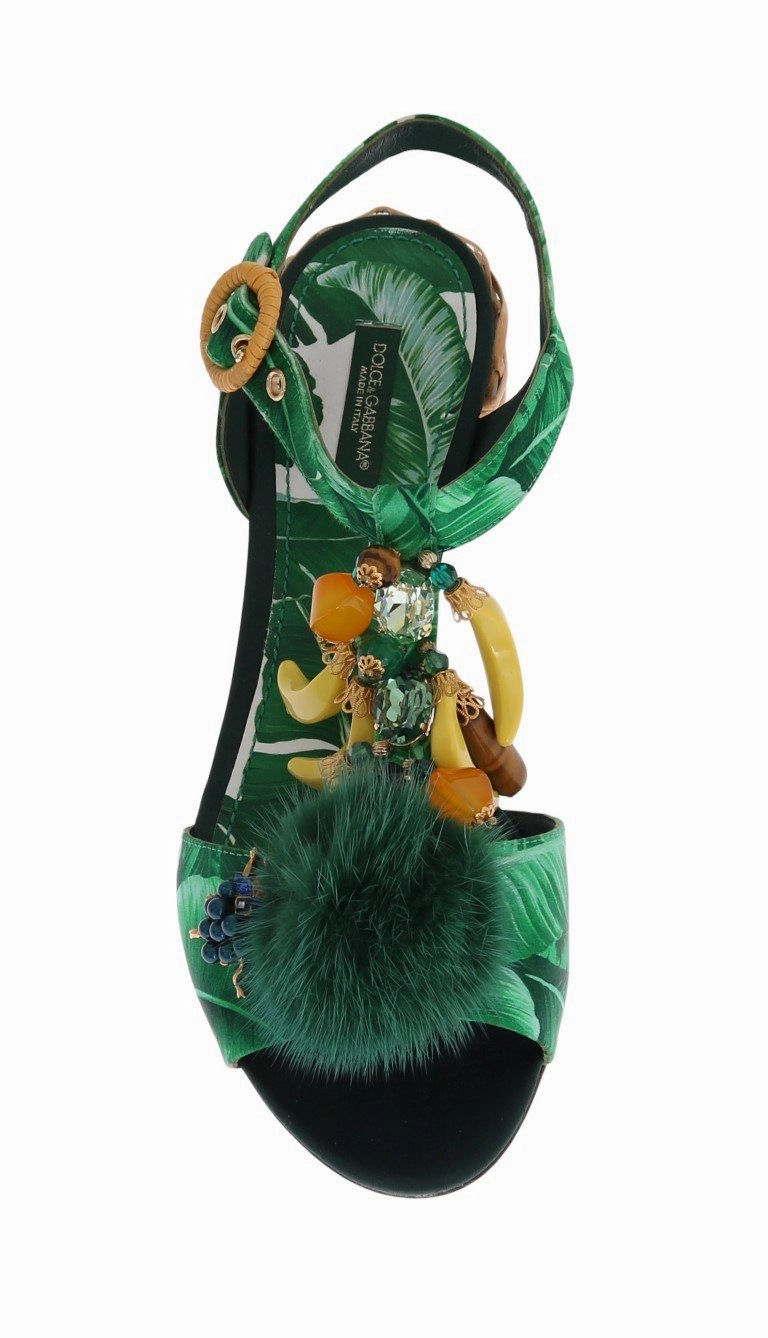 Sandals Weddings Green Banana Print Mink Fur Crystal Sandals
