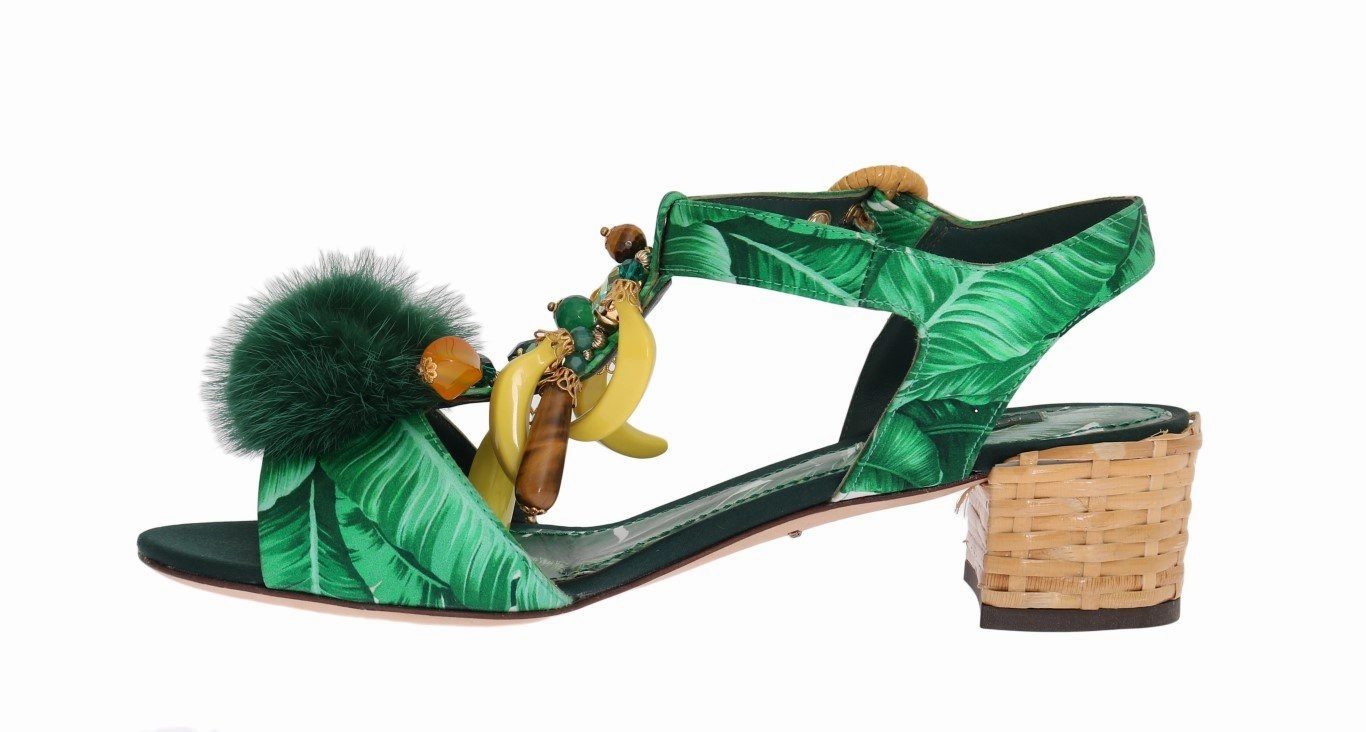 Green Banana Print Mink Fur Crystal Sandals Cloudstepper Sandals