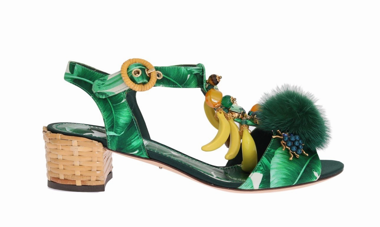 Green Banana Print Mink Fur Crystal Sandals 2025 Sandals