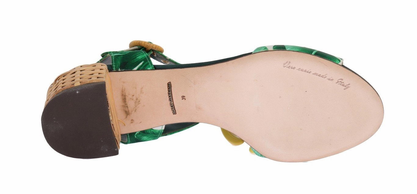 Wedge Heel Sandals With Ankle Strap Green Banana Print Mink Fur Crystal Sandals