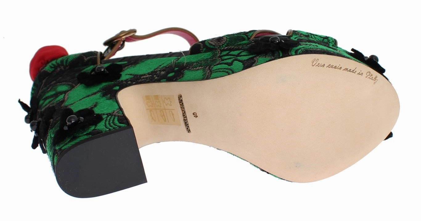 Peep Toe Wedge Sandals Green Brocade Snakeskin Roses Crystal Shoes