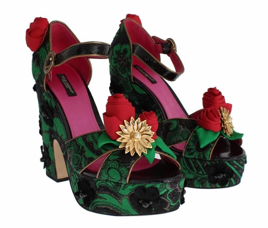 Green Brocade Snakeskin Roses Crystal Shoes Slide Sandals Flat