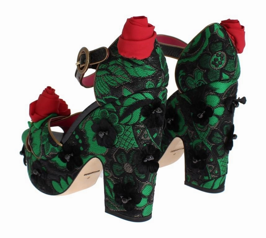 Tie Up Sandals Green Brocade Snakeskin Roses Crystal Shoes