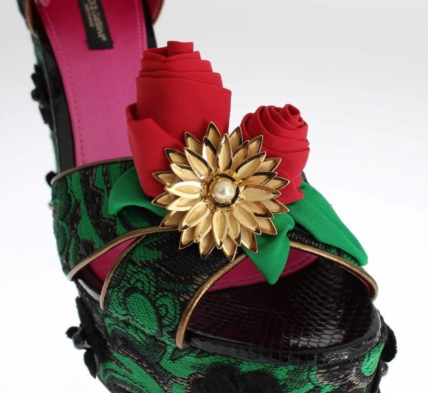 In Aruba Green Brocade Snakeskin Roses Crystal Shoes