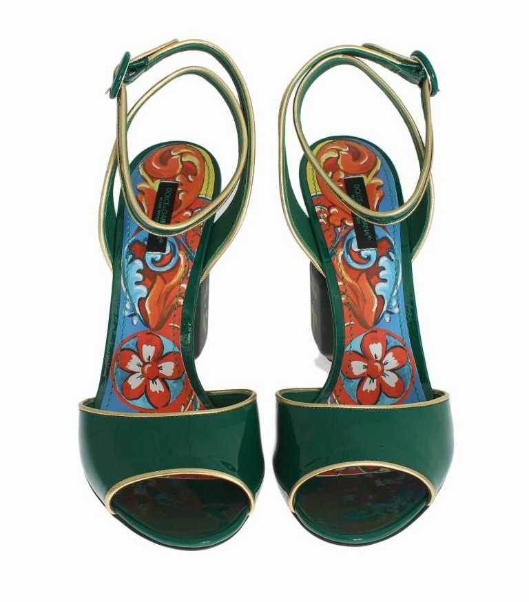 Wedge Slide Sandals Green Leather Handpainted Shoes