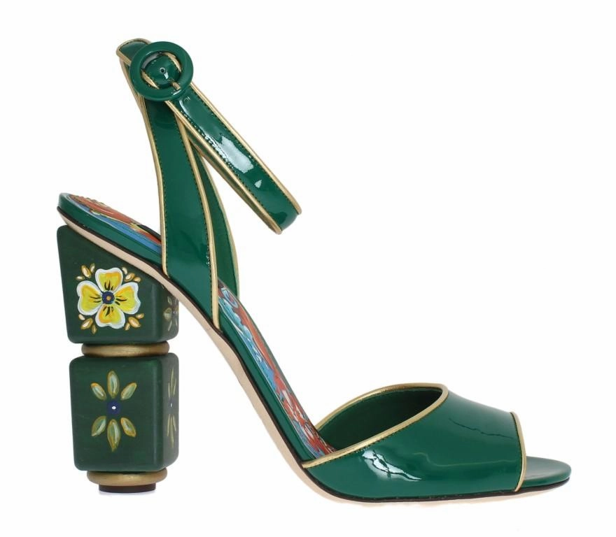 Green Leather Handpainted Shoes Open Toe Wedge Sandals