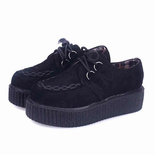 LAKESHI Creepers Women Shoes Large Size 41 Flat Platform Shoes Lace-Up Round Toe Women Flats Casual Shoes Solid Female Shoes