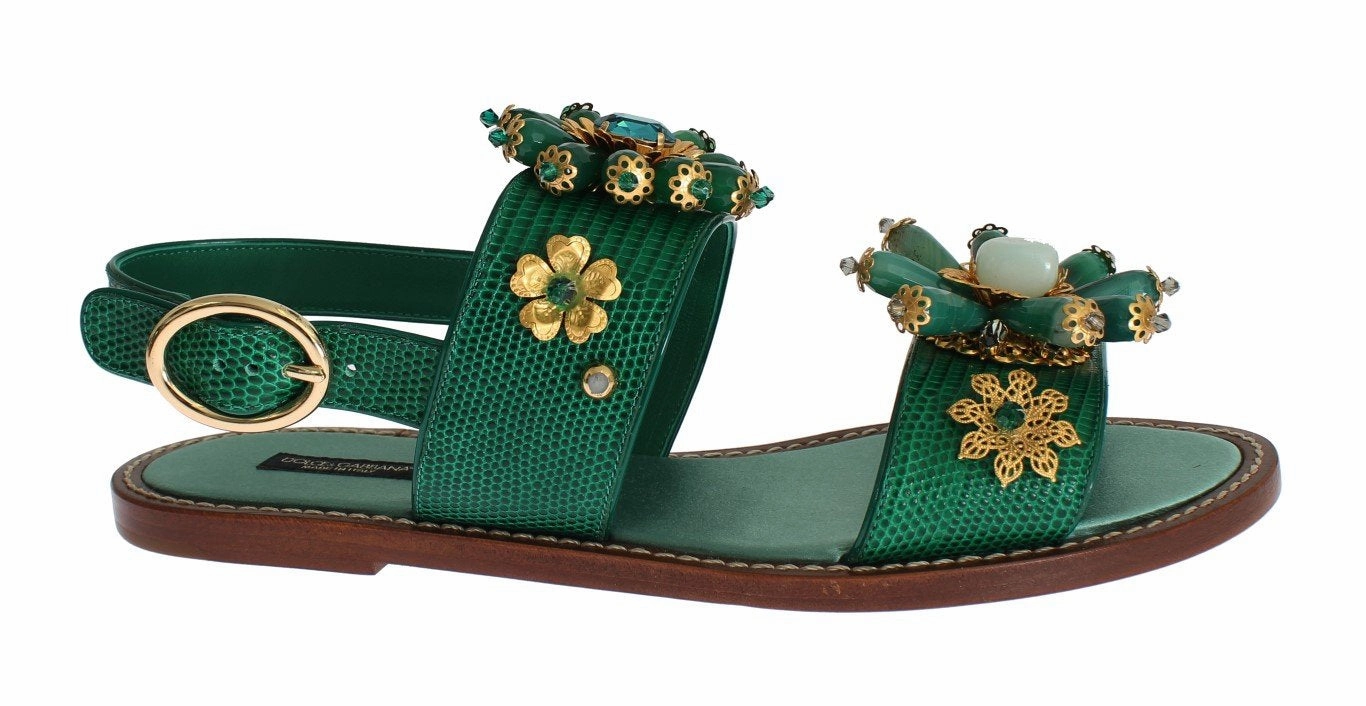Wrap Around Ankle Sandals Green Leather Crystal Sandals