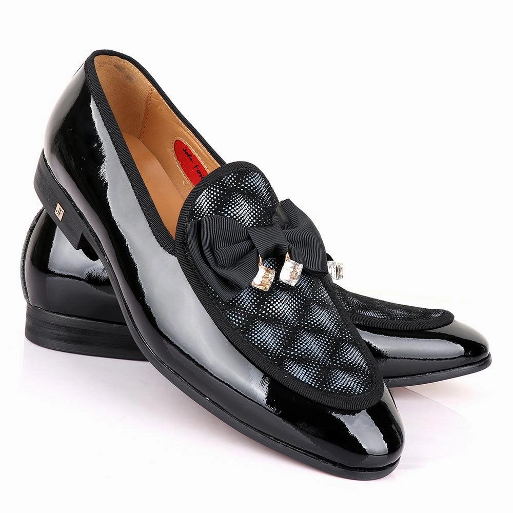John Foster Glossy Black Bow Stone Designed Leather Shoe Sneakers Loafers