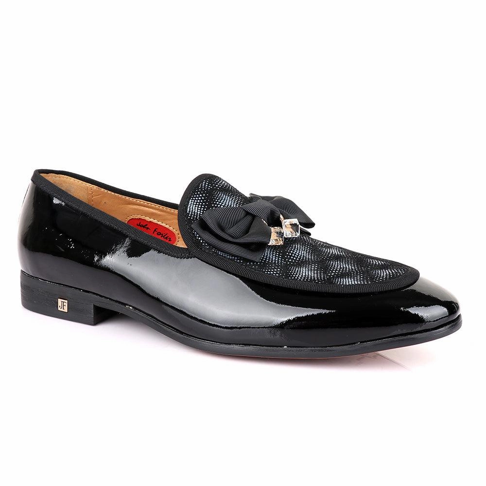 Speed Loafers John Foster Glossy Black Bow Stone Designed Leather Shoe