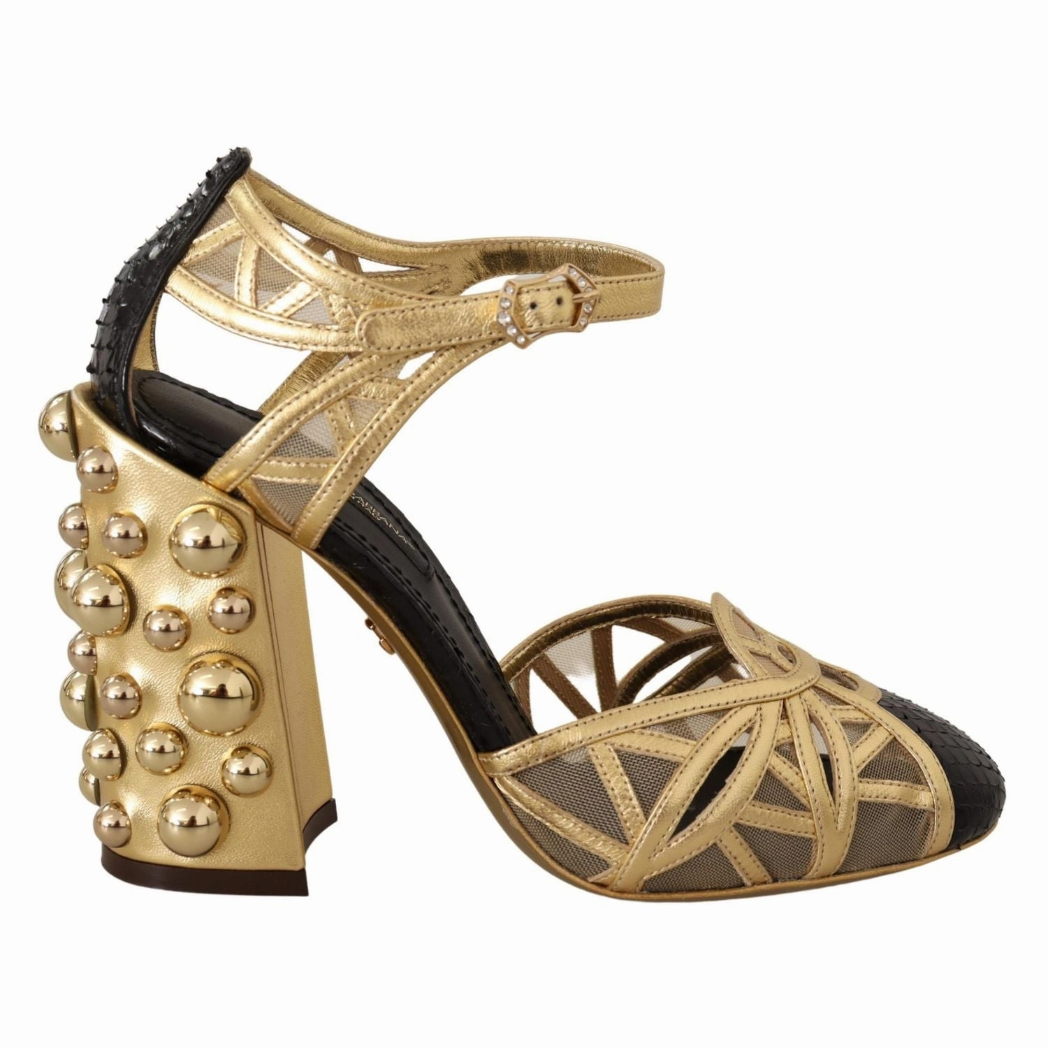 Dolce & Gabbana Black Gold Leather Studded Ankle Straps Shoes Sandals Last Minute Deals
