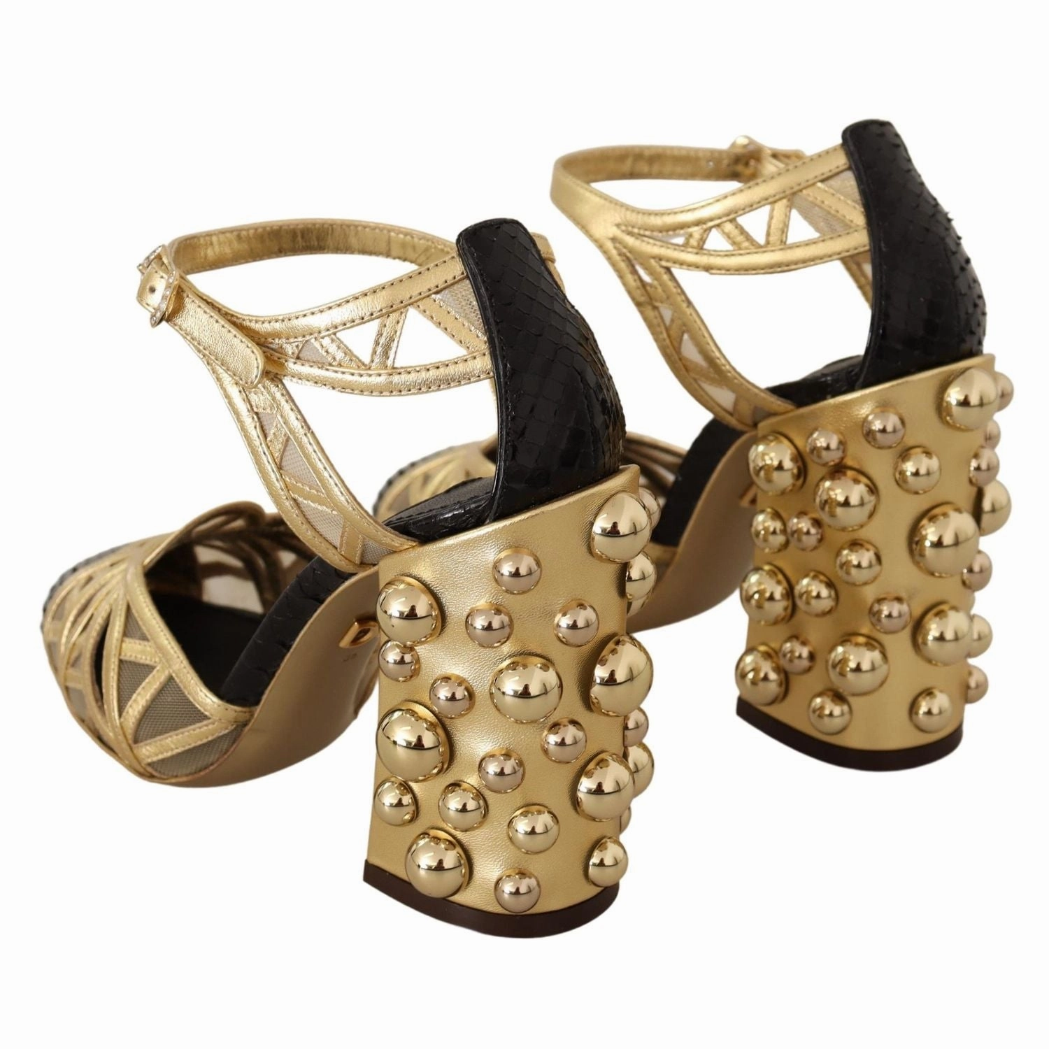 Medium Heel Platform Sandals Dolce & Gabbana Black Gold Leather Studded Ankle Straps Shoes