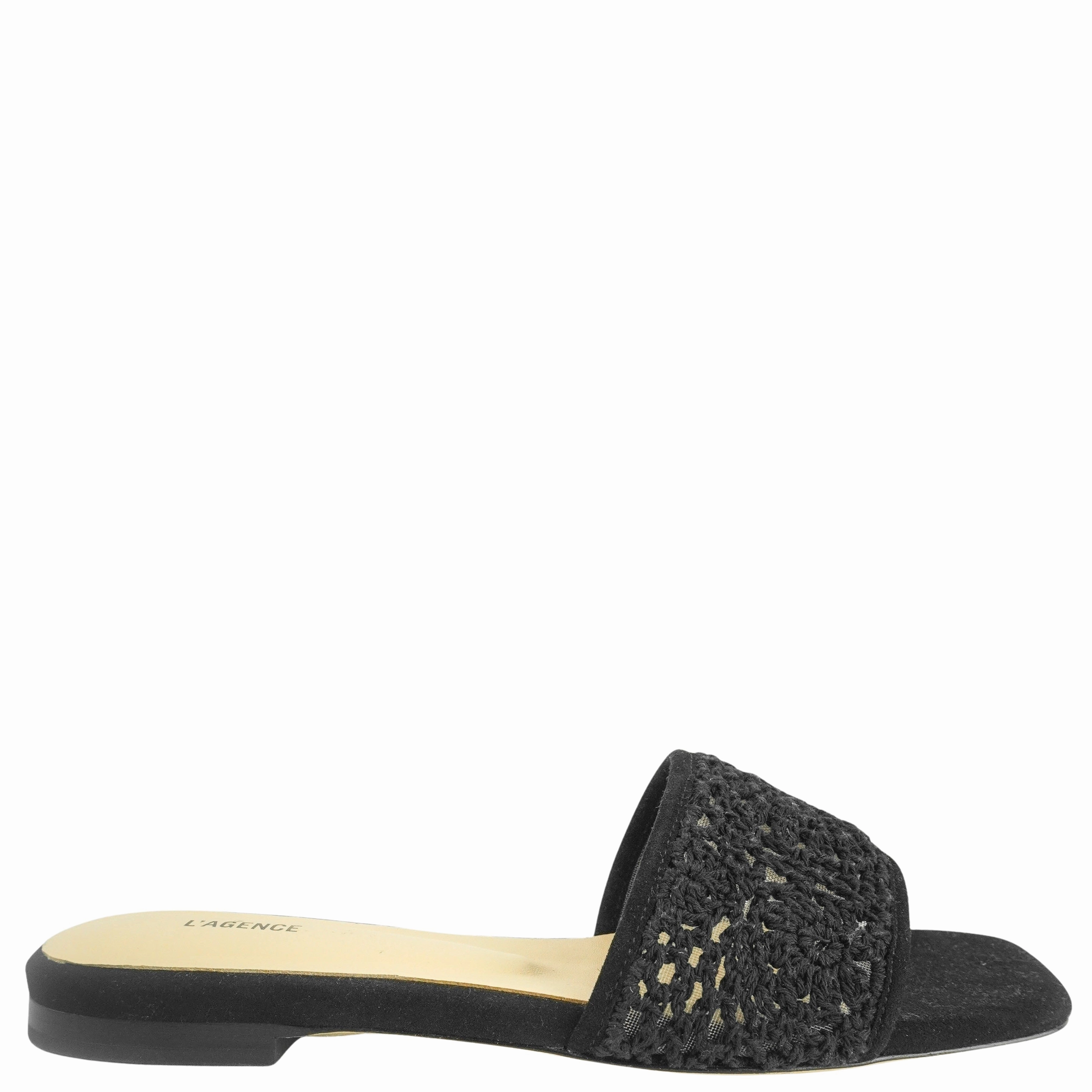 L'Agence Armelle Crochet Slide Sandals in Black Flat Soled Shoes For Lifting