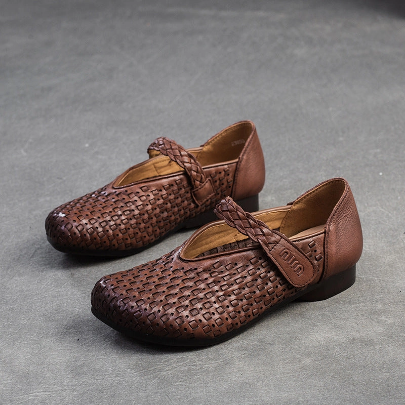 Women Retro Plaited Leather Soft Velcro Flats Oxfords Leather Breathable Casual Dress Shoes