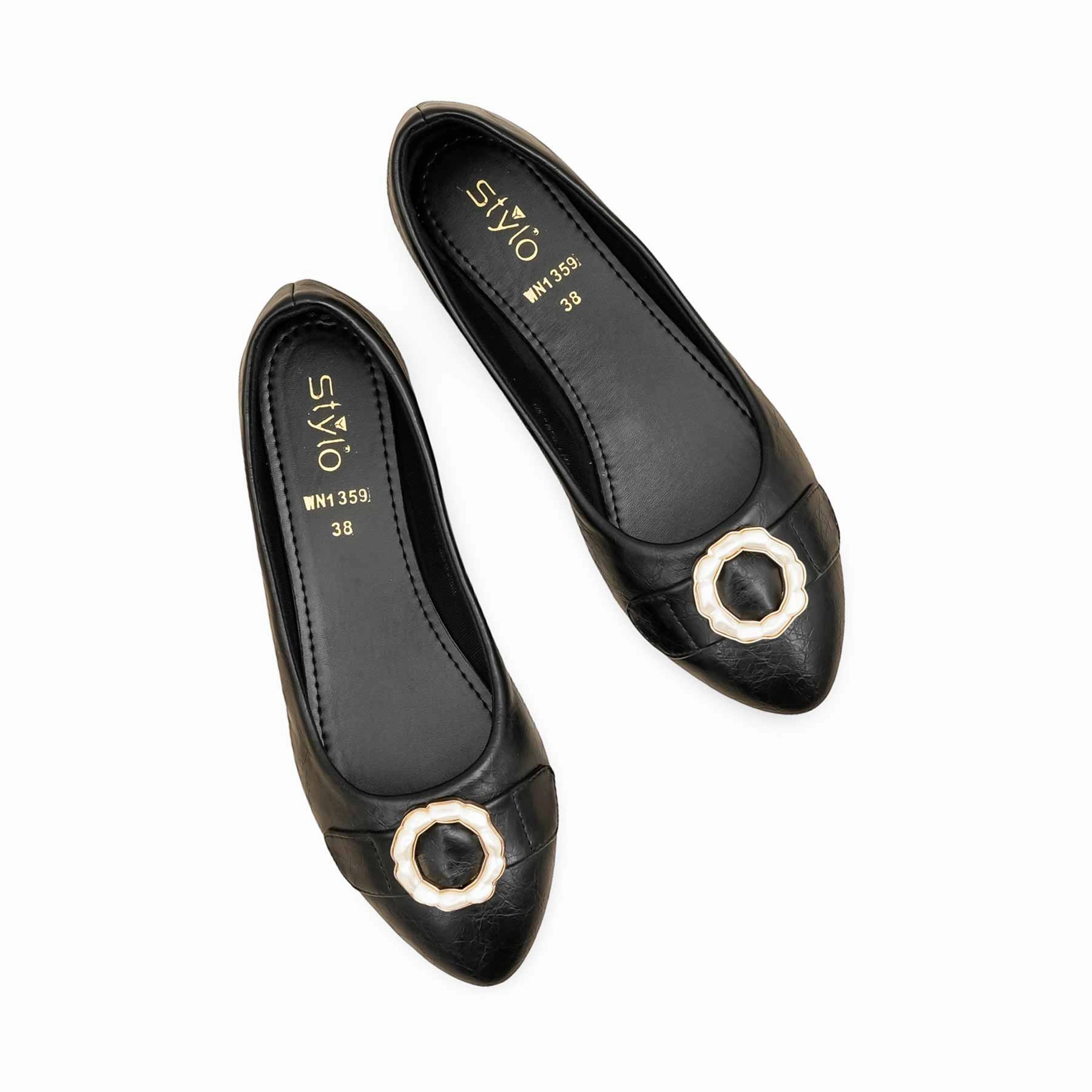 Flat Shoes Ankle Strap Black Pumps For Ladies WN1359