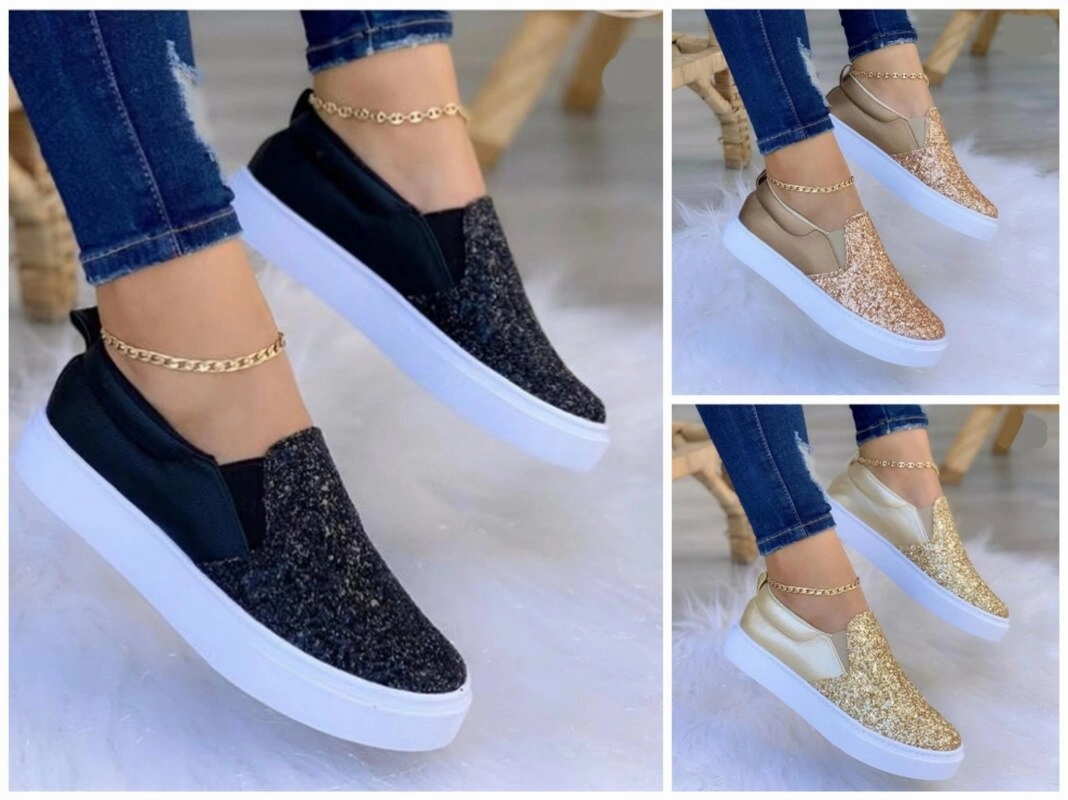 Comfortable Tennis Shoes Moccasins Crystal Flat Female Loafers Shoes Gold/Black/Rose Gold
