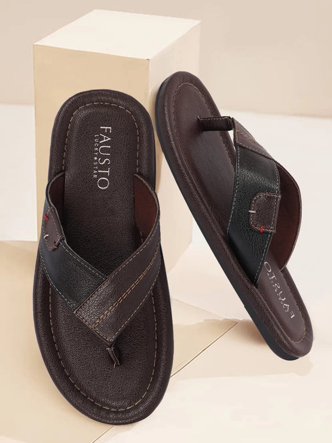 Men Brown Stitched Design Indoor Outdoor Thong Slipper Sandals Designer Slides Sale