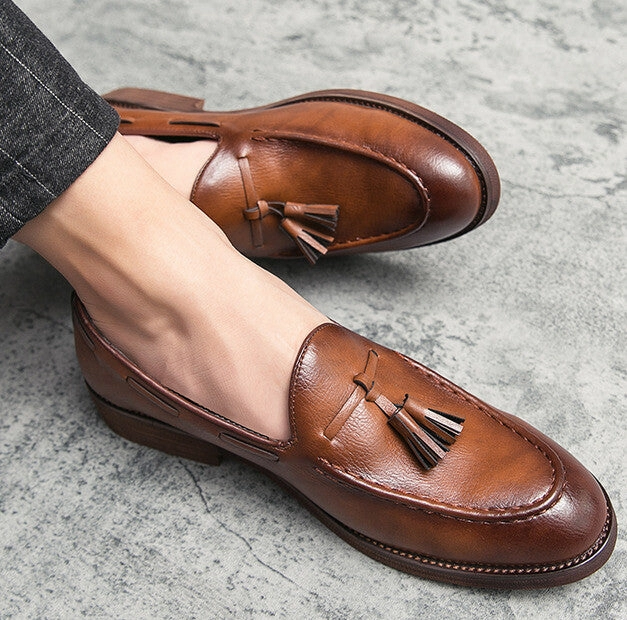Men Pure Leather Formal Dress Shoes Loafer Tassel Slip on Black
