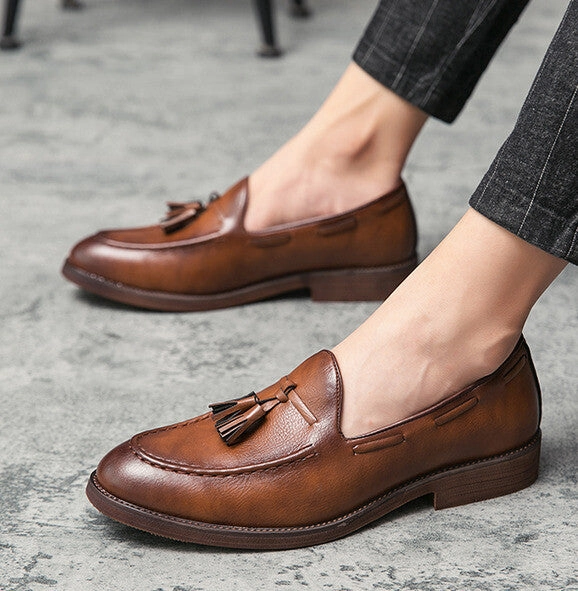 Men Pure Leather Formal Dress Shoes Loafer Tassel Slip on Black