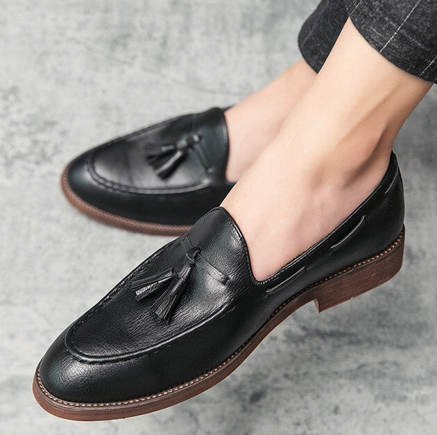 Men Pure Leather Formal Dress Shoes Loafer Tassel Slip on Black
