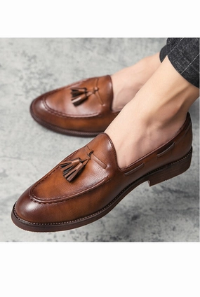 Taupe Loafers Men Pure Leather Formal Dress Shoes Loafer Tassel Slip on Brown