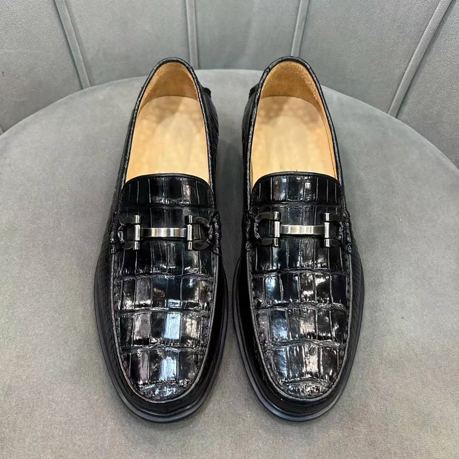 Mens Alligator Leather Slip-On Shoes with Rubber Sole  Exotic Bit Loafers Bee Loafers