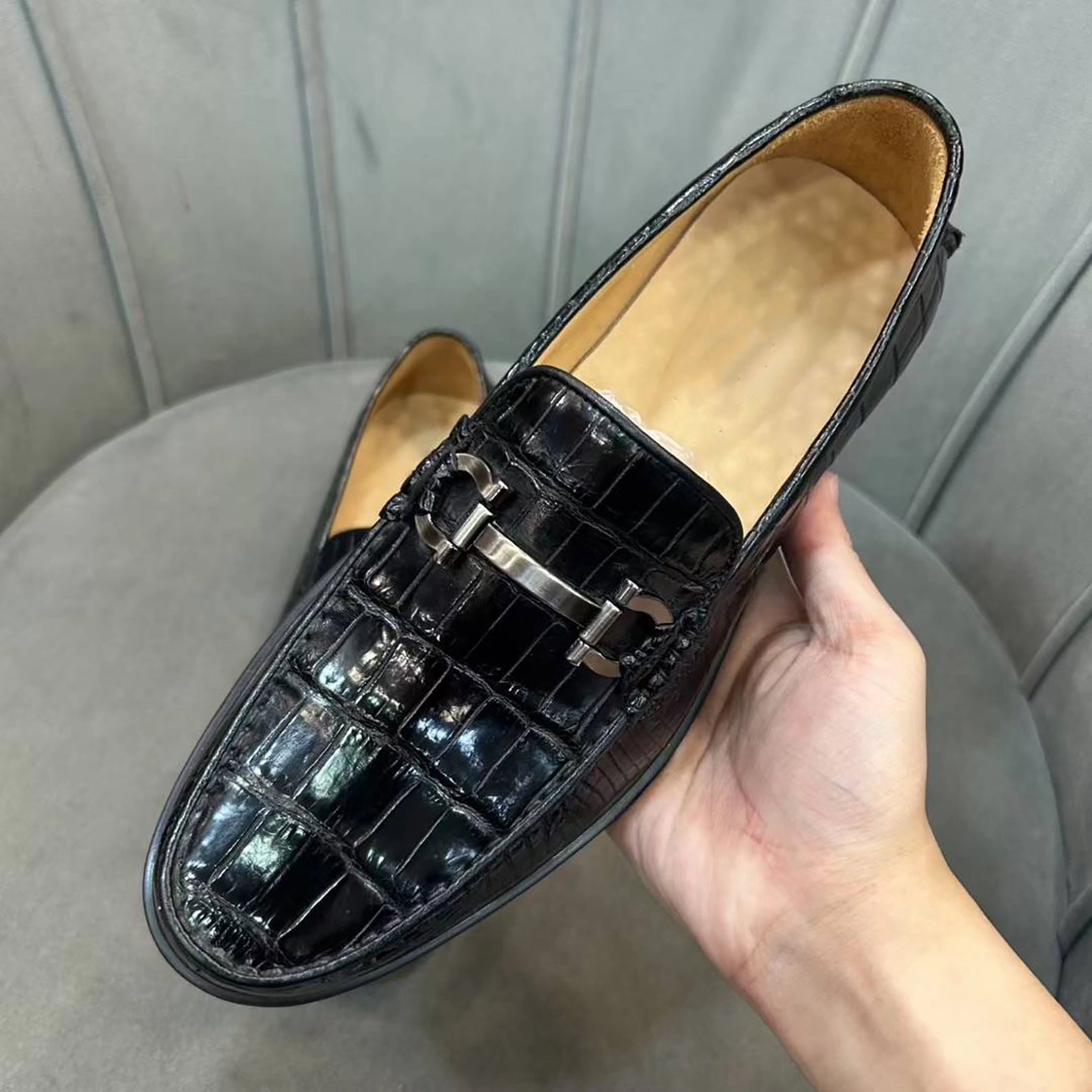 Mens Alligator Leather Slip-On Shoes with Rubber Sole  Exotic Bit Loafers Work Loafers
