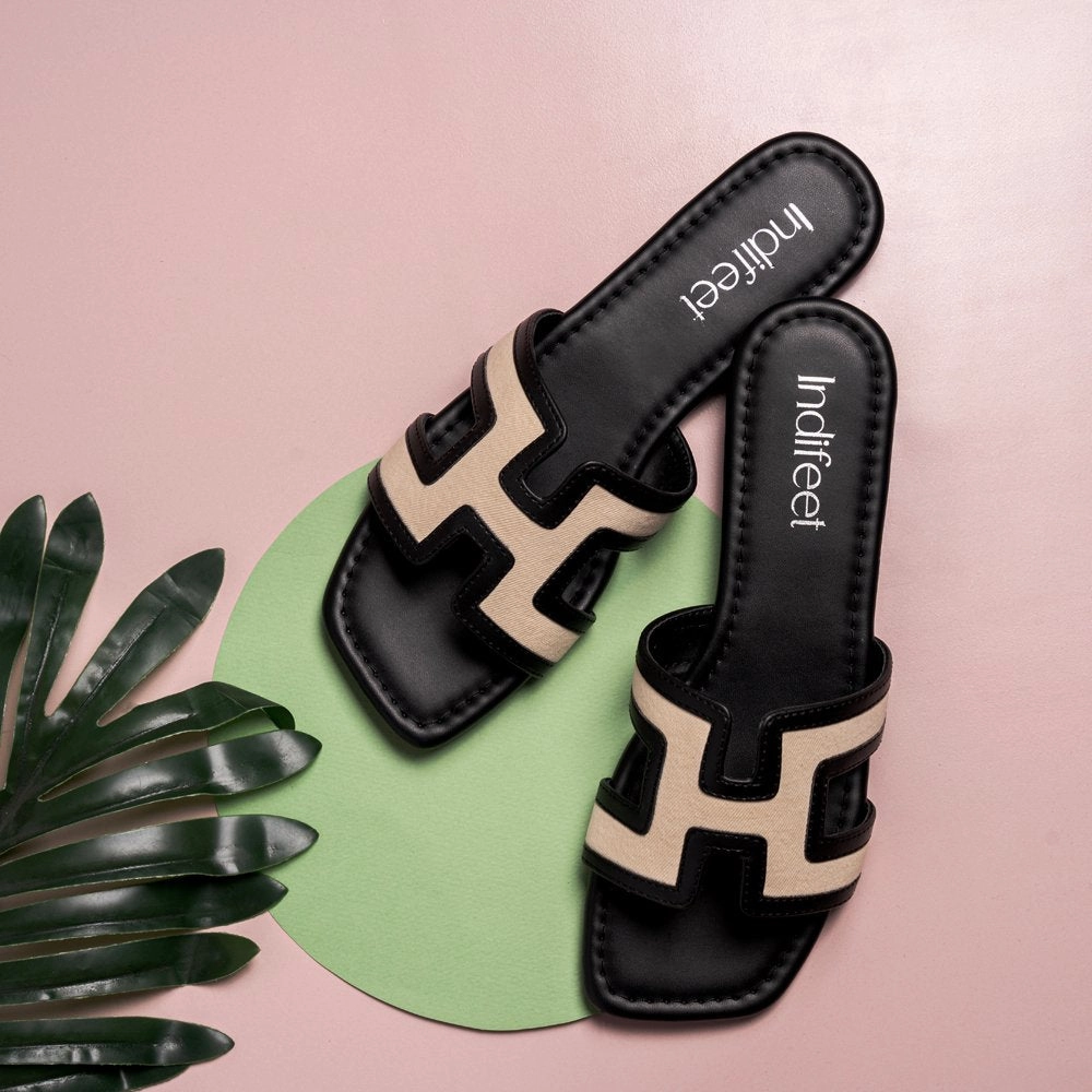 Midnight Black Geometric Flat Sandals Flat Sole Shoes For Gym