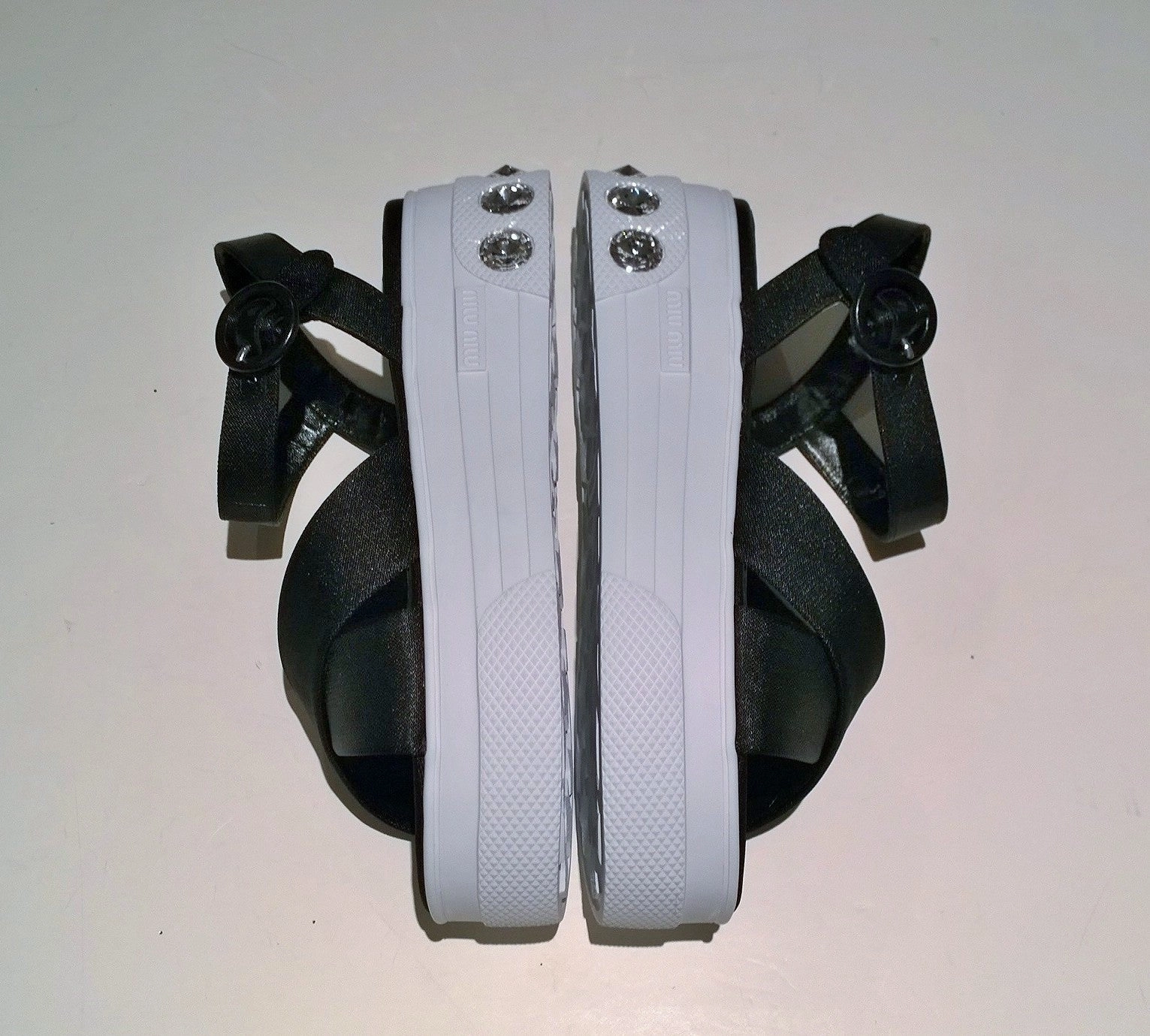 Miu Miu Black Satin Rhinestone Platform Sandals Leather Sandals Flat